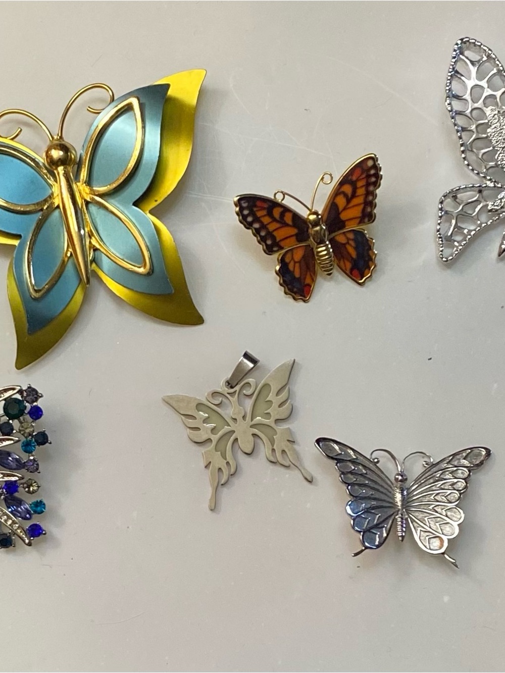 Assorted Butterfly Brooch and Pendant Lot - Blue/Gold, Orange, Silver -